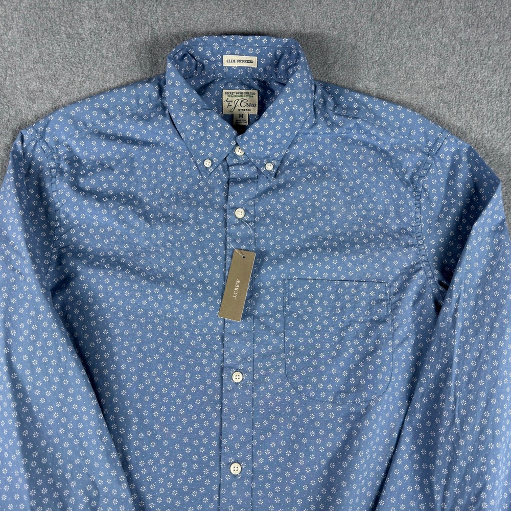 J.Crew Mens Shirt M Blue Floral Slim Untucked Organic Stretch NEW AA358